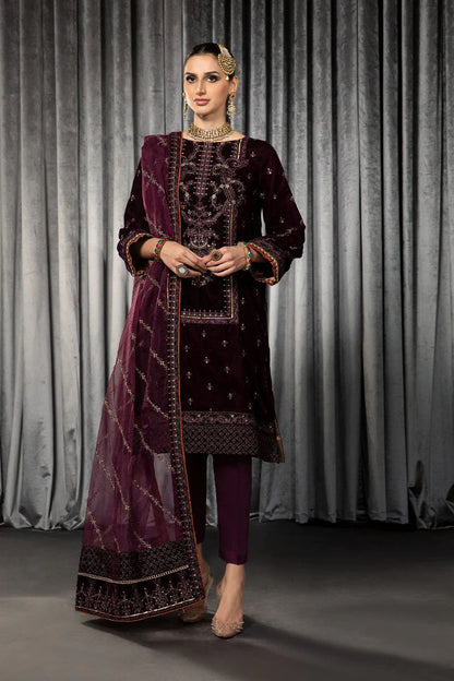 RARE-VELVET 3PC- EMBROIDERED WORK SHIRT WITH ORGANZA HEAVY EMBROIDERED DUPATTA -D-14- MICRO 9000 VELVET