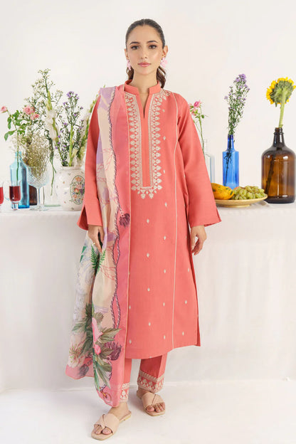 RARE 3PC KHADAR EMBROIDERED SHIRT WITH COUTURE PRINT SHAWL AND TROUSER- 3167