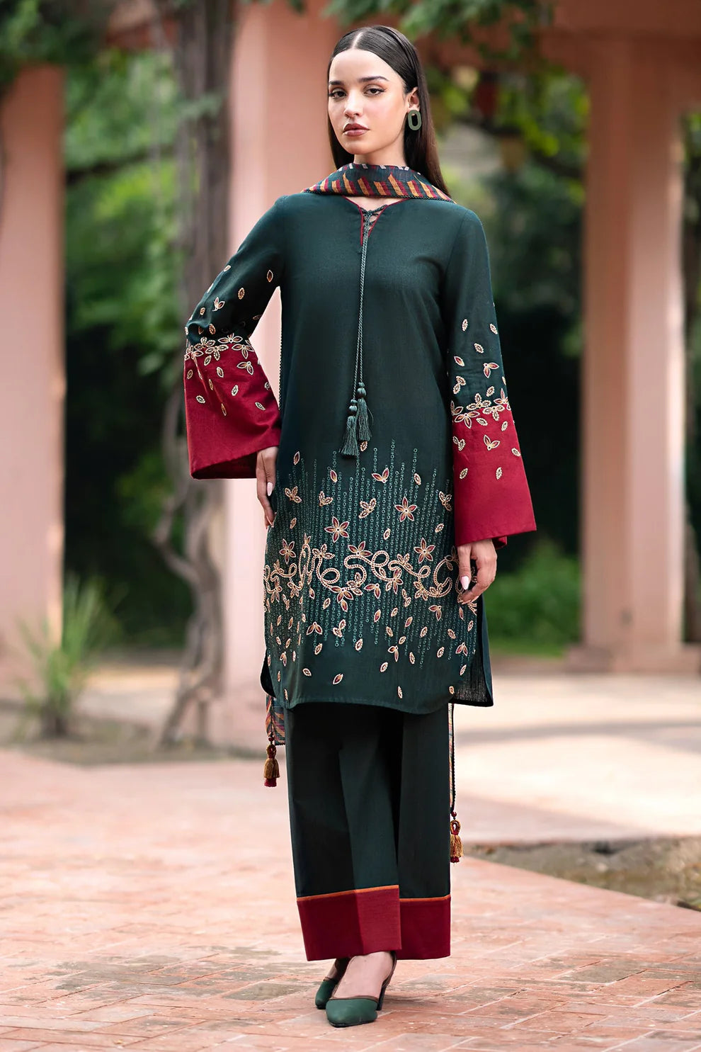 RARE-3PC DHANAK EMBROIDRED SHIRT WITH WOOL PRINT SHAWL AND TROUSER-3288