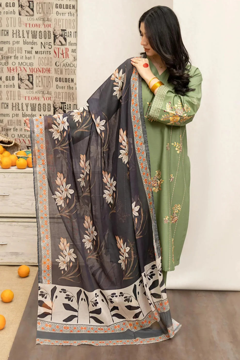 RARE 3PC DHANAK EMBROIDERED SHIRT WITH COUTURE PRINT SHAWL AND EMB TROUSER-3222