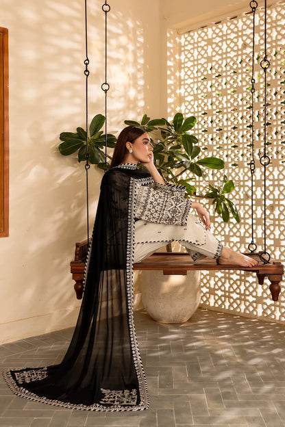 RARE-3PC LAWN EMBROIDERED SHIRT WITH CHIFFON EMBROIDERED DUPATTA AND TROUSER-3689