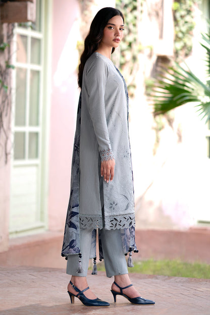 RARE-3PC LAWN EMBROIDRED SHIRT WITH MONARK PRINT DUPATTA AND TROUSER-3593