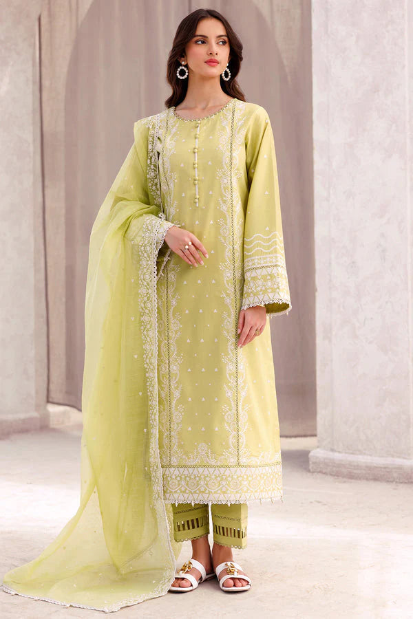 RARE-3PC LAWN EMBROIDERED SHIRT WITH ORGANZA EMBROIDERED DUPATTA AND LAWN TROUSER-3697