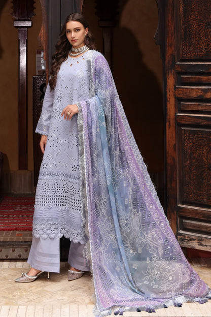 RARE-3PC LAWN CHIKANKARI EMBROIDERED SHIRT WITH MONARK PRINTED DUPATTA AND EMB TRPUSER-3709