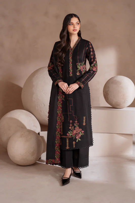 RARE-3PC DHANAK EMBROIDERED SHIRT WITH DHANAK EMBROIDERED SHAWL & TROUSER-3408