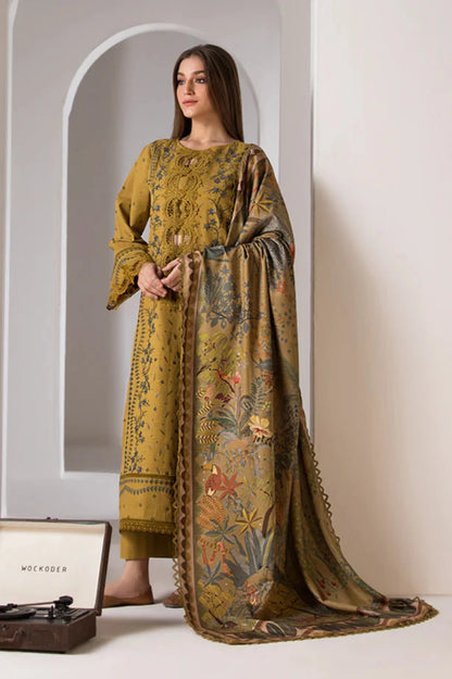 RARE- 3PC DHANAK EMBROIDERED SHIRT WITH WOOL PRINT SHAWL AND TROUSER-3357