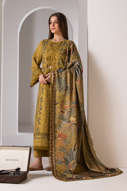 RARE- 3PC LAWN EMBROIDERED SHIRT WITH MONARK PRINT DUPATTA AND TROUSER-3570