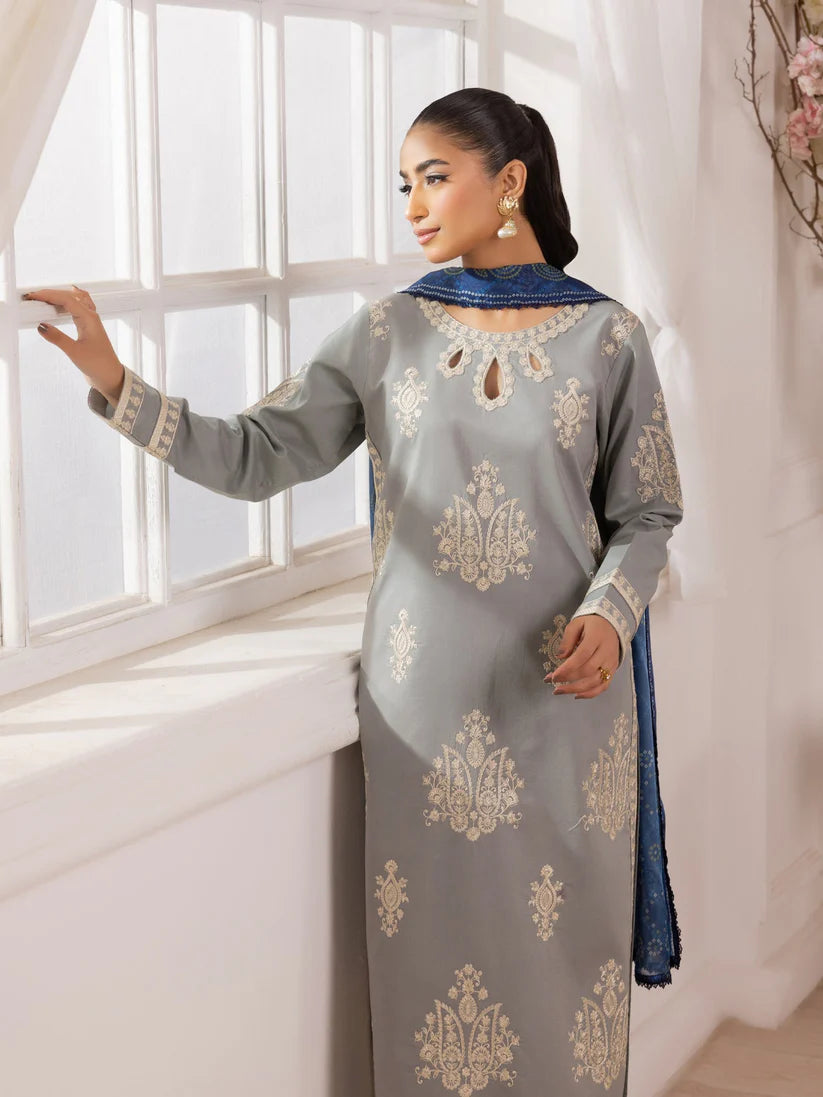 RARE-3PC LAWN EMBROIDERED SHIRT WITH MONARK PRINTED DUPATTA AND TROUSER-3741