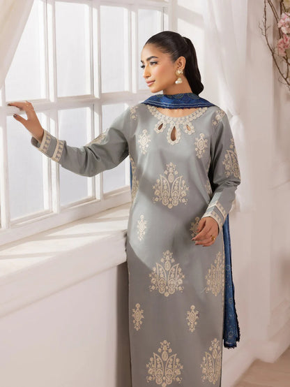 RARE-3PC LAWN EMBROIDERED SHIRT WITH MONARK PRINTED DUPATTA AND TROUSER-3741