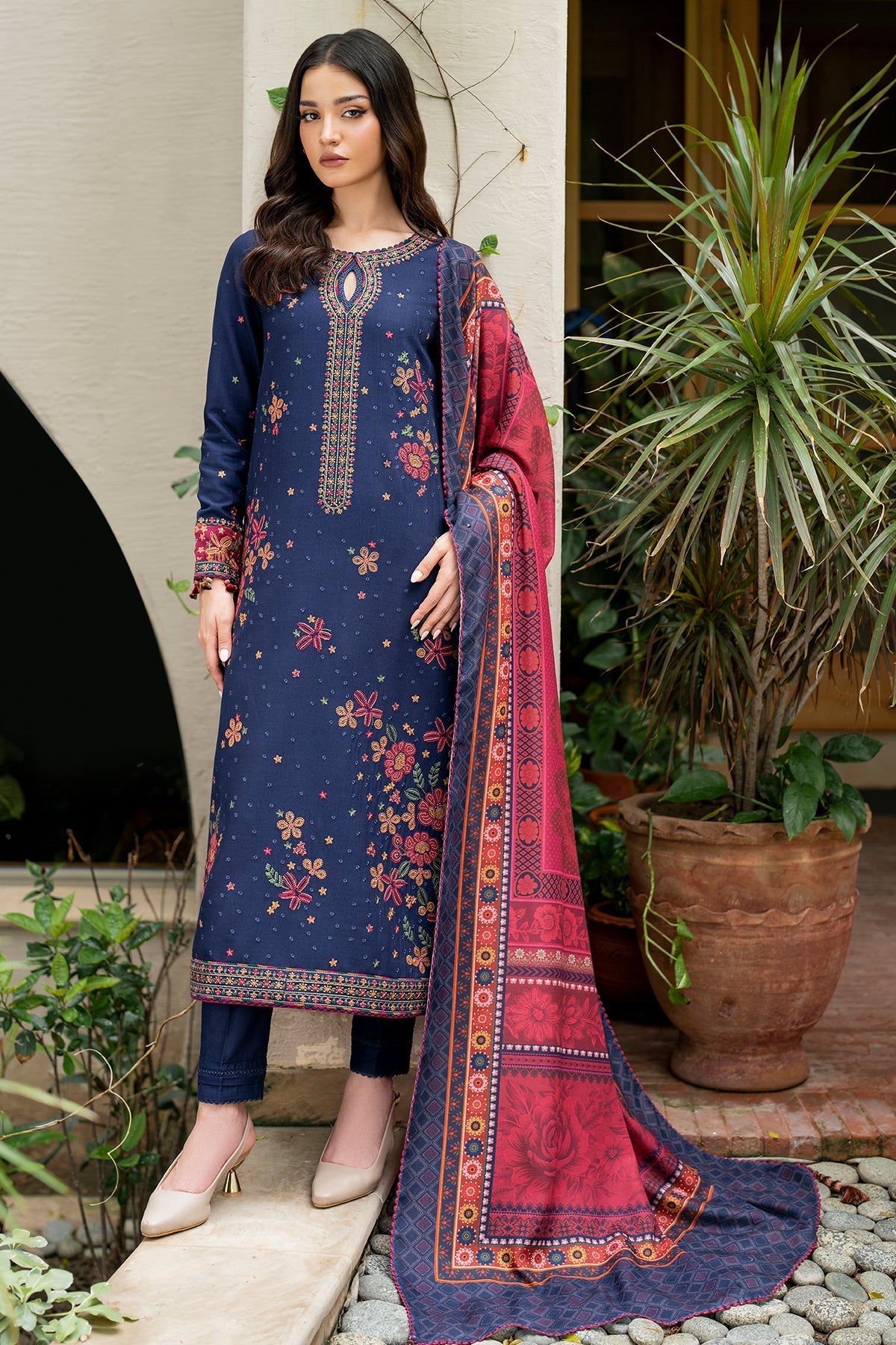 RARE-3PC LAWN EMBROIDRED SHIRT WITH MONARK PRINT DUPATTA AND TROUSER-3561