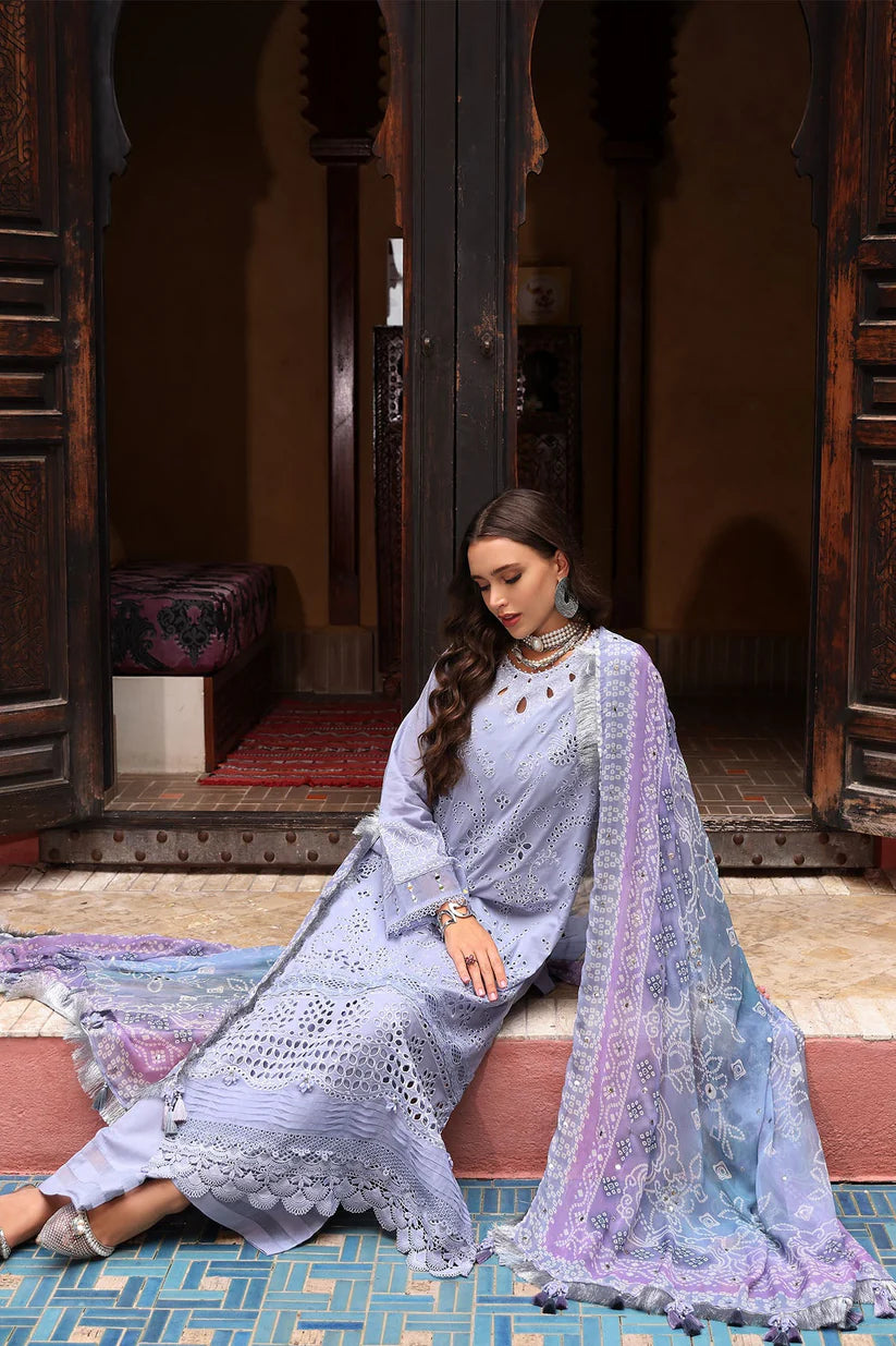 RARE-3PC LAWN CHIKANKARI EMBROIDERED SHIRT WITH MONARK PRINTED DUPATTA AND EMB TRPUSER-3709