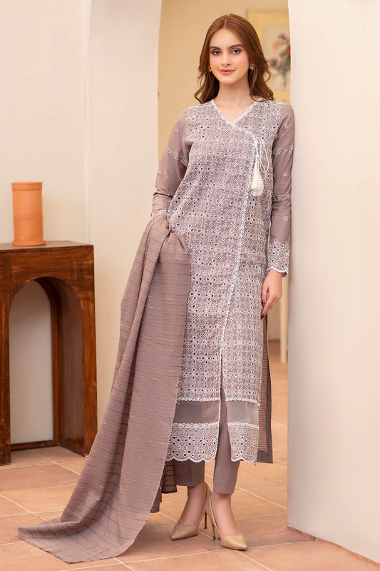 RARE-3PC LAWN CHIKENKARI EMBROIDERED SHIRT WITH LAWN TUBE SLUB DUPATTA-
