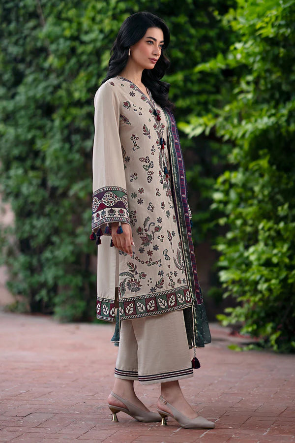 RARE-3PC DHANAK EMBROIDRED SHIRT WITH WOOL PRINT SHAWL AND TROUSER-3315