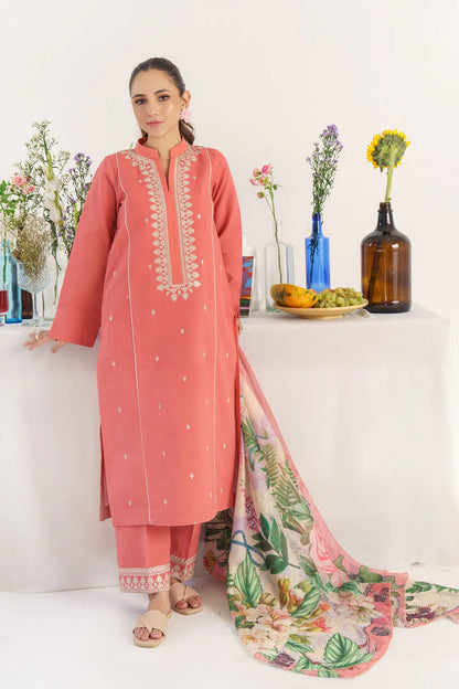 RARE 3PC KHADAR EMBROIDERED SHIRT WITH COUTURE PRINT SHAWL AND TROUSER- 3167