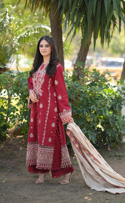 RARE- 3PC DHANAK EMBROIDERED SHIRT WITH COUTURE PRINT SHAWL AND TROUSER- 3153