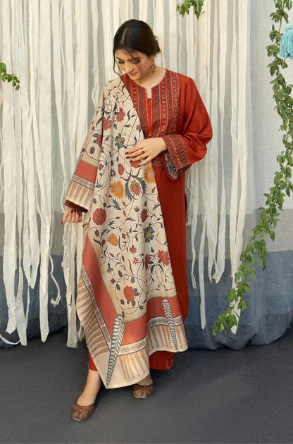 RARE - 3PC DHANAK EMBROIDERED SHIRT WITH COUTURE WOOL PRINT SHAWL AND TROUSER-2692