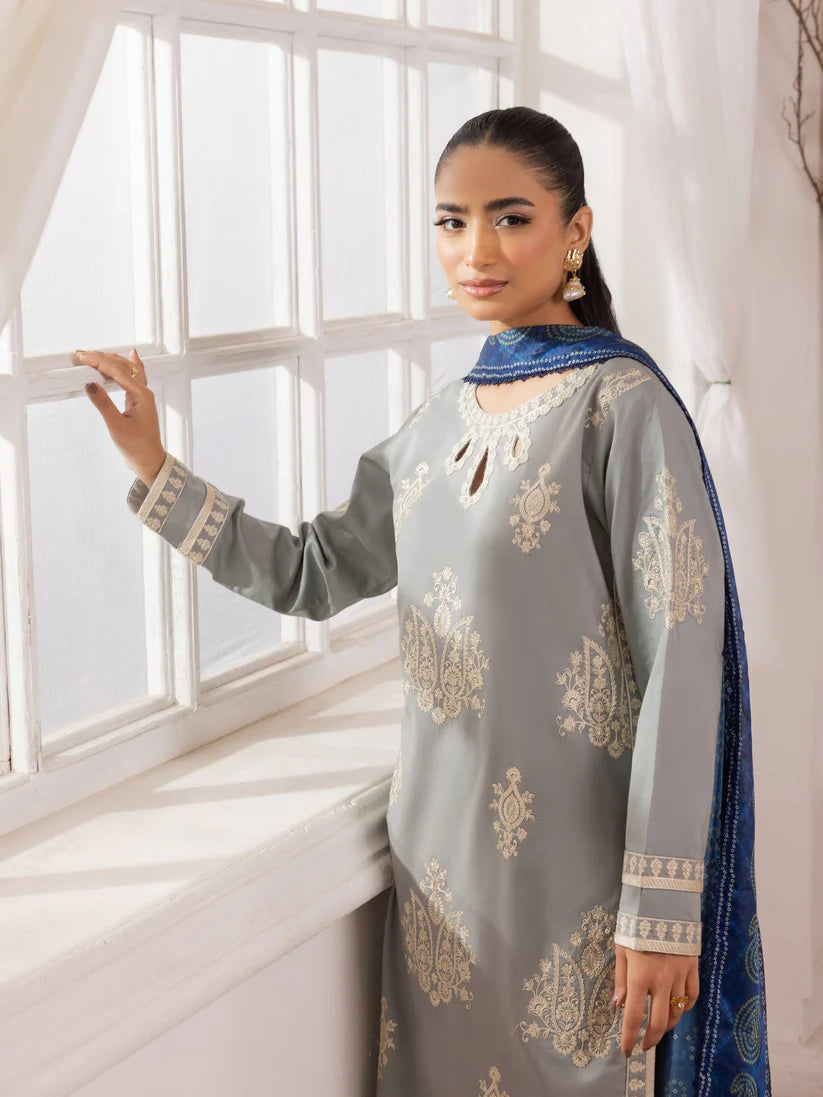 RARE-3PC LAWN EMBROIDERED SHIRT WITH MONARK PRINTED DUPATTA AND TROUSER-3741