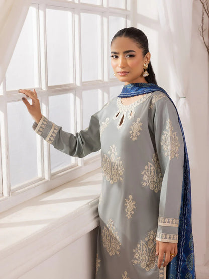 RARE-3PC LAWN EMBROIDERED SHIRT WITH MONARK PRINTED DUPATTA AND TROUSER-3741