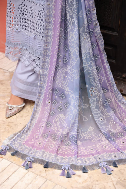 RARE-3PC LAWN CHIKANKARI EMBROIDERED SHIRT WITH MONARK PRINTED DUPATTA AND EMB TRPUSER-3709