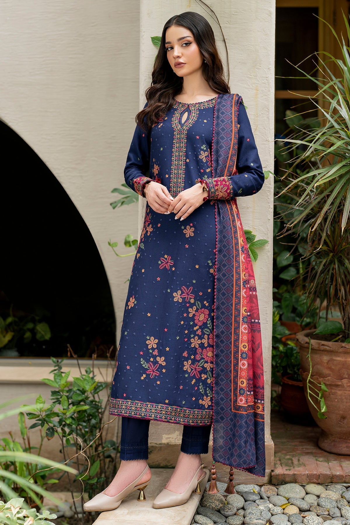 RARE-3PC LAWN EMBROIDRED SHIRT WITH MONARK PRINT DUPATTA AND TROUSER-3561