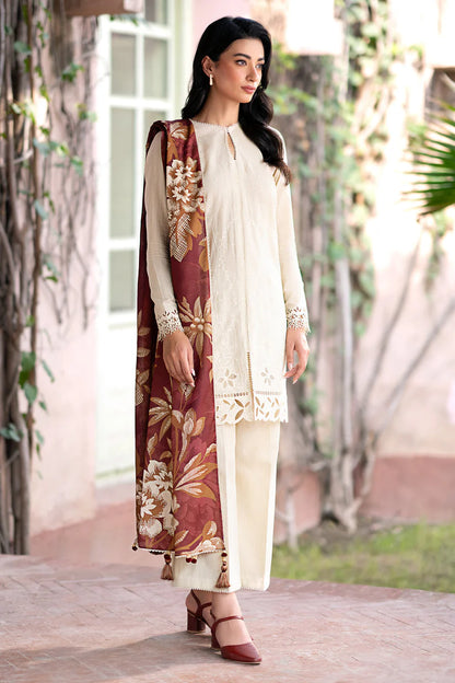 RARE- 3PC DHANAK EMBROIDERED SHIRT WITH WOOL PRINT SHAWL AND TROUSER-3320-B