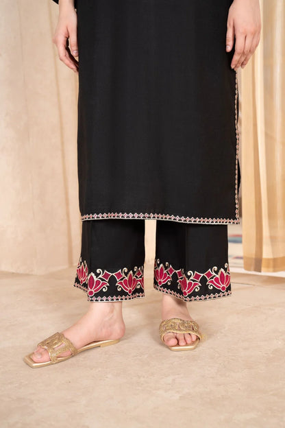 RARE-2 PC DHANAK EMBROIDRED SHIRT WITH AND EMBROIDRED TROUSER-BLACK 3311