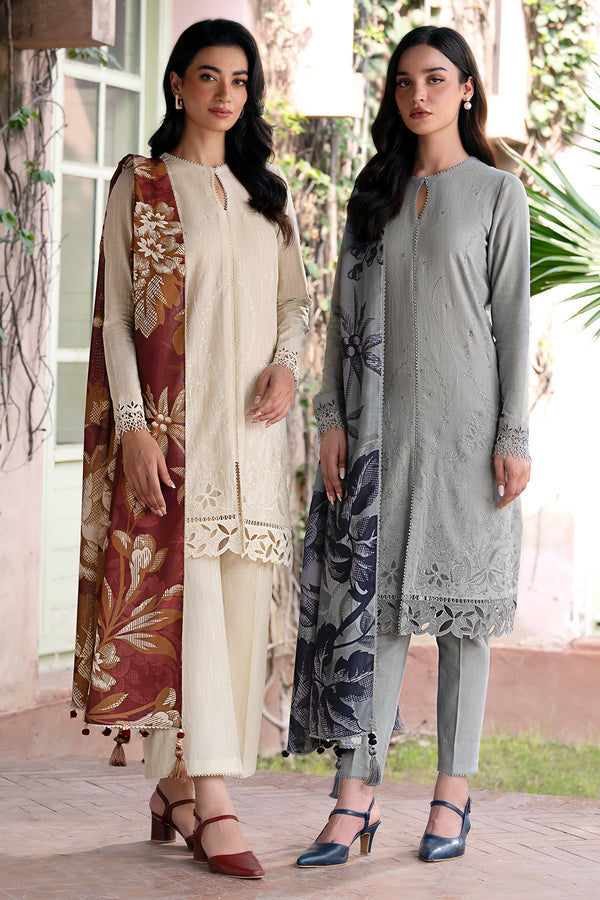 RARE-3PC LAWN EMBROIDRED SHIRT WITH MONARK PRINT DUPATTA AND TROUSER-3593