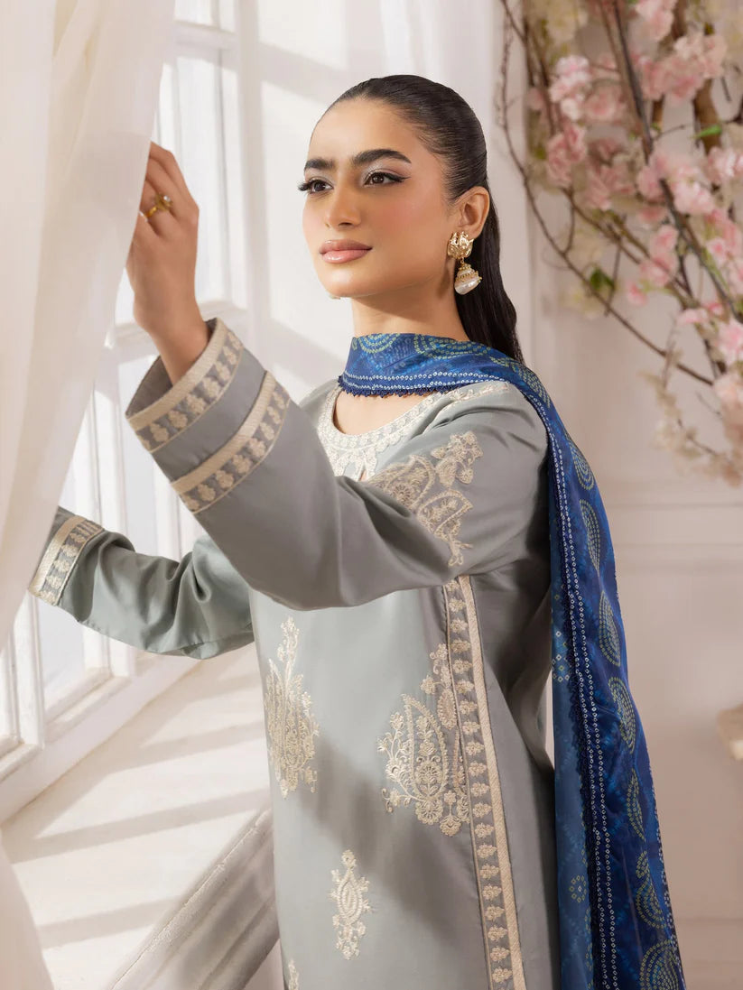 RARE-3PC LAWN EMBROIDERED SHIRT WITH MONARK PRINTED DUPATTA AND TROUSER-3741