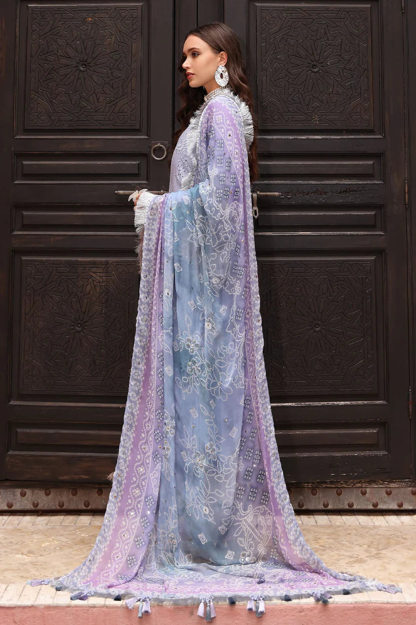 RARE-3PC LAWN CHIKANKARI EMBROIDERED SHIRT WITH MONARK PRINTED DUPATTA AND EMB TRPUSER-3709