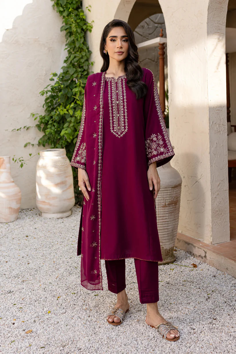 RARE-3PC LAWN EMBROIDERED SHIRT WITH BAMBER CHIFFON EMBROIDERED DUPATTA AND TROUSER-3611