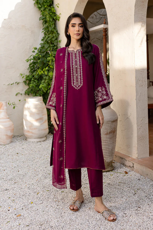 RARE-3PC LAWN EMBROIDERED SHIRT WITH BAMBER CHIFFON EMBROIDERED DUPATTA AND TROUSER-3611