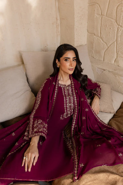 RARE-3PC LAWN EMBROIDERED SHIRT WITH BAMBER CHIFFON EMBROIDERED DUPATTA AND TROUSER-3611