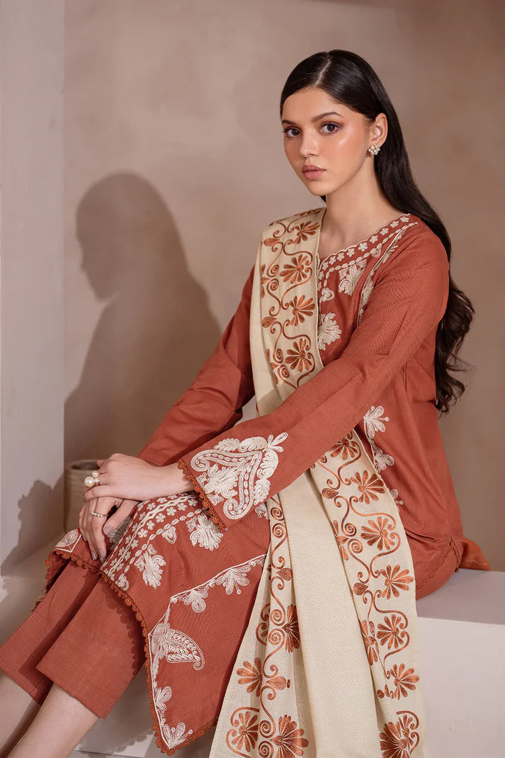 RARE-3PC DHANAK EMBROIDERED SHIRT WITH DHANAK EMBROIDERED SHAWL & TROUSER-3388