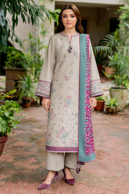 RARE-3PC DHANAK EMBROIDRED SHIRT WITH WOOL PRINT SHAWL AND TROUSER-3281