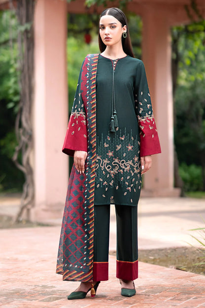 RARE-3PC DHANAK EMBROIDRED SHIRT WITH WOOL PRINT SHAWL AND TROUSER-3288