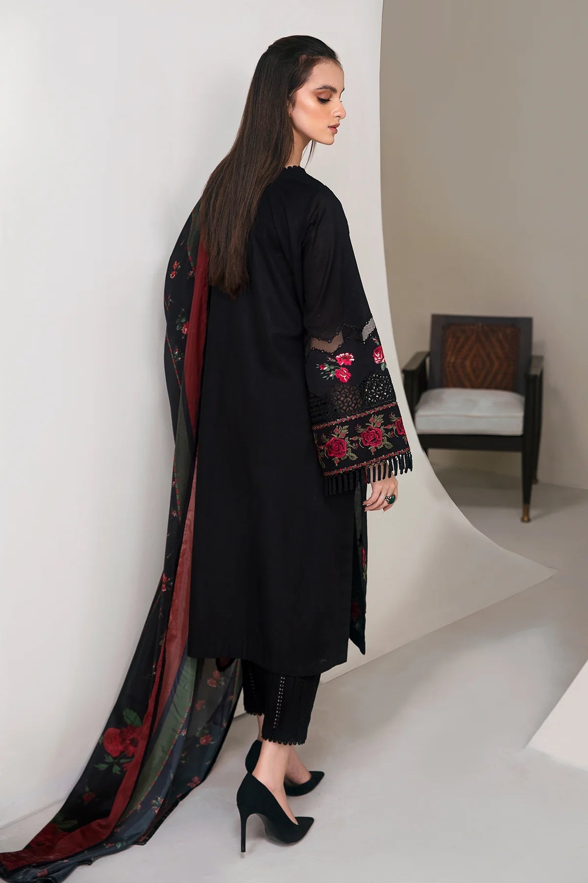 RARE-3PC LAWN EMBROIDERED SHIRT WITH MONARK PRINT DUPATTA AND TROUSER-3634