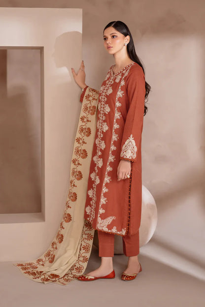 RARE-3PC DHANAK EMBROIDERED SHIRT WITH DHANAK EMBROIDERED SHAWL & TROUSER-3388