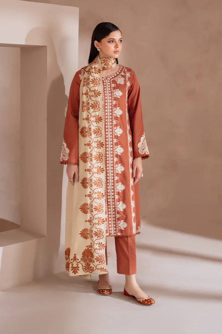 RARE-3PC DHANAK EMBROIDERED SHIRT WITH DHANAK EMBROIDERED SHAWL & TROUSER-3388