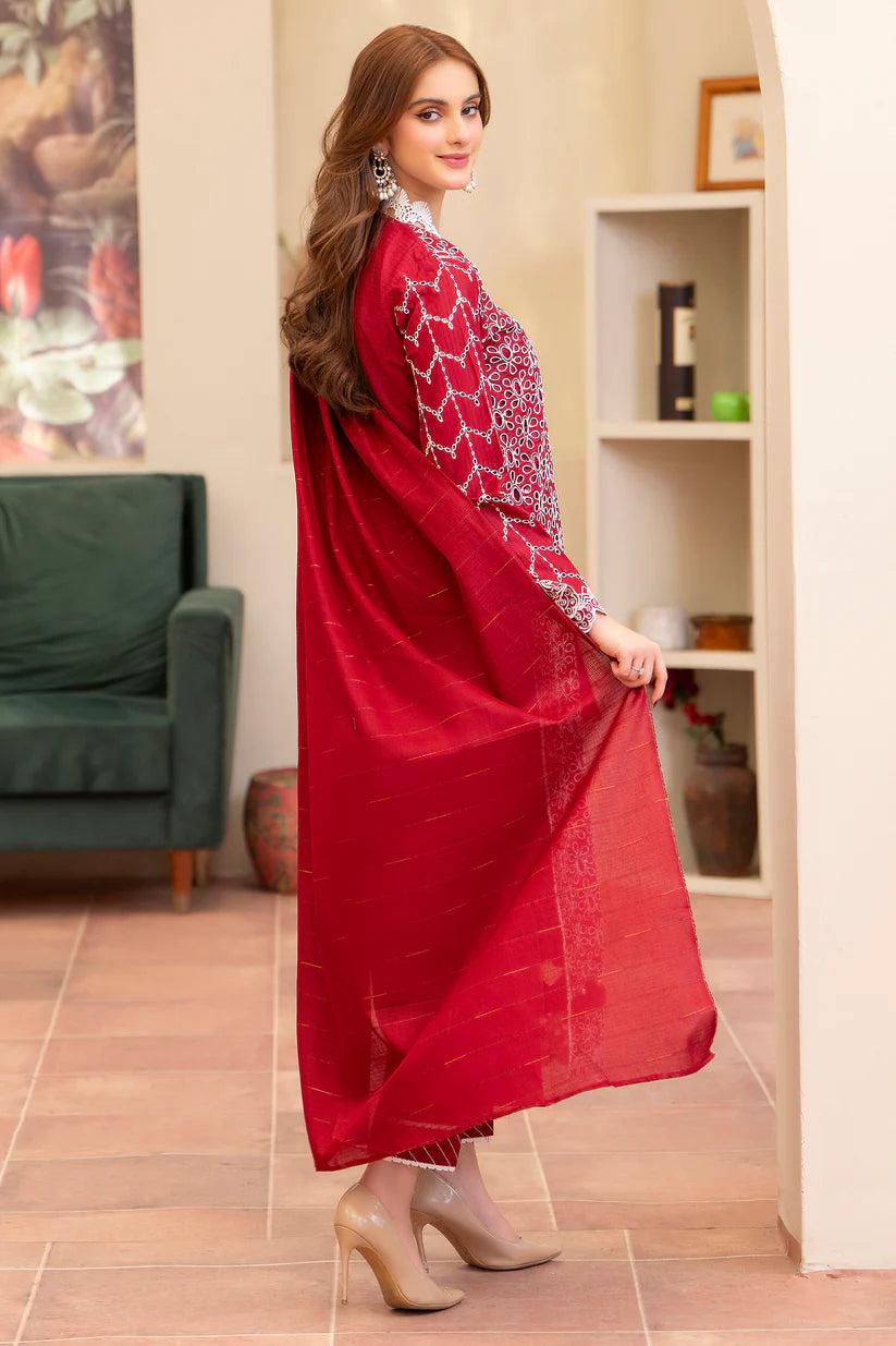 RARE-3PC LAWN CHIKENKARI EMBROIDERED SHIRT WITH LAWN TUBE SLUB DUPATTA-