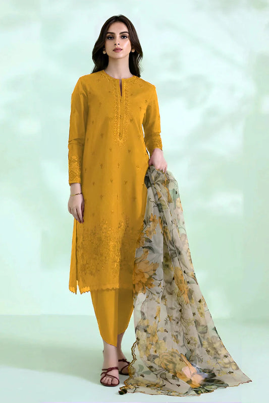 RARE - 3PC LAWN EMBROIDERED SHIRT WITH MONARK PRINT DUPATTA-3526-MASTARD