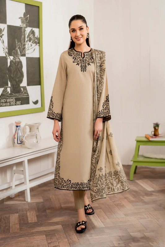 RARE-3PC DHANAK EMBROIDERED SHIRT WITH COUTURE PRINT SHAWL AND TROUSER-3155