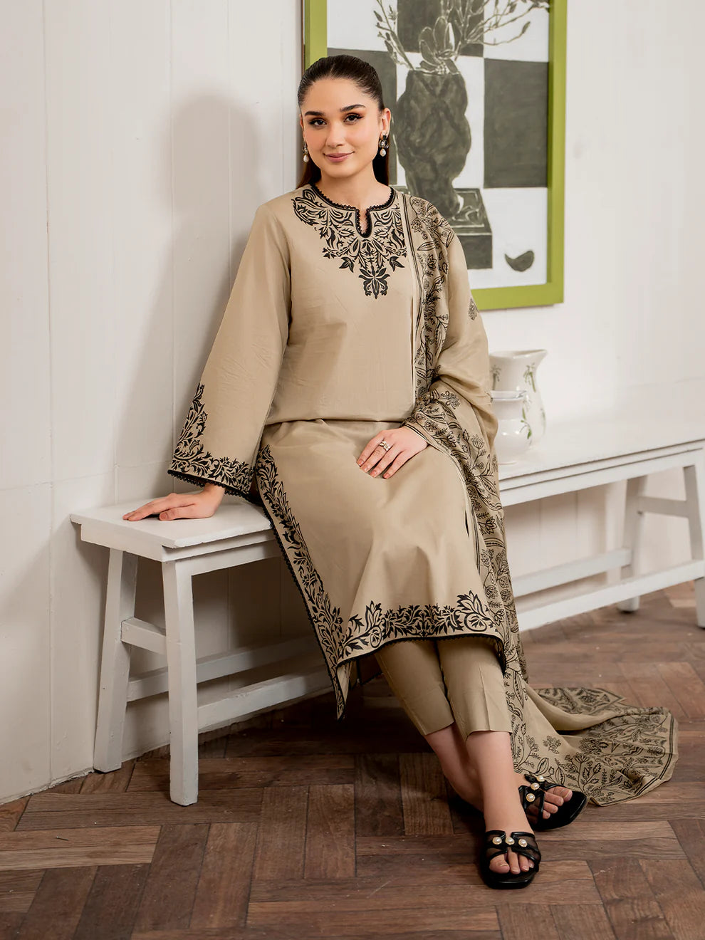 RARE-3PC DHANAK EMBROIDERED SHIRT WITH COUTURE PRINT SHAWL AND TROUSER-3155