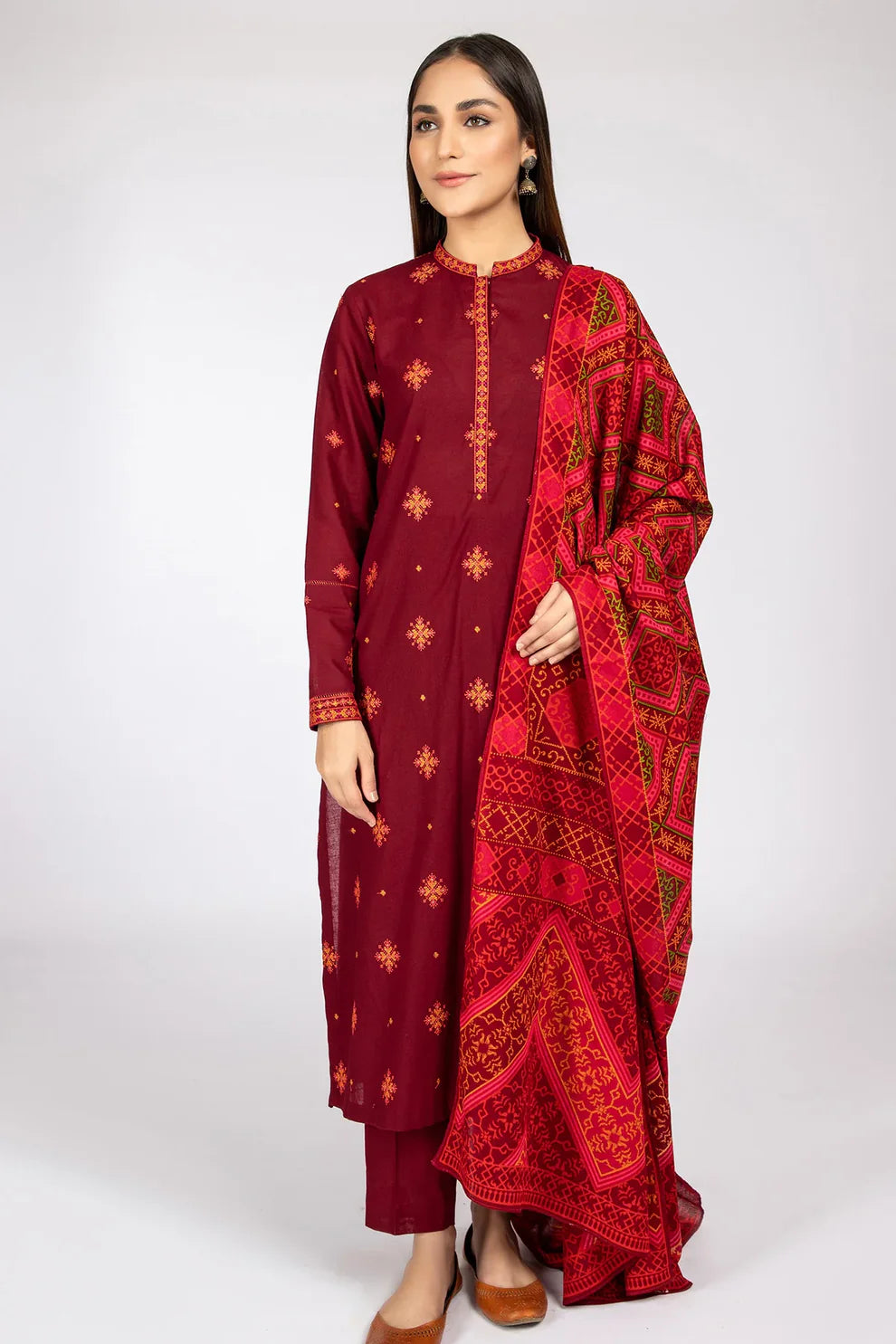 RARE- 3PC DHANAK EMBROIDERED WITH COUTURE WOOL PRINT SHAWL-3124