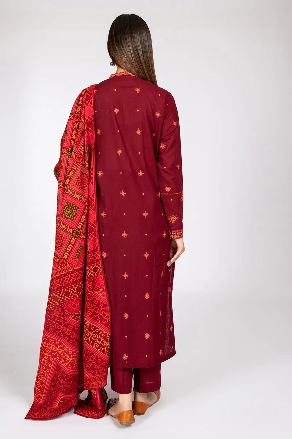 RARE- 3PC DHANAK EMBROIDERED WITH COUTURE WOOL PRINT SHAWL-3124