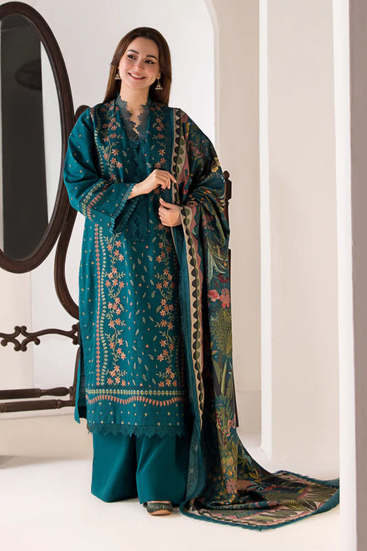 RARE- 3PC LAWN EMBROIDERED SHIRT WITH MONARK PRINTED DUPATTA AND TROUSER-3569