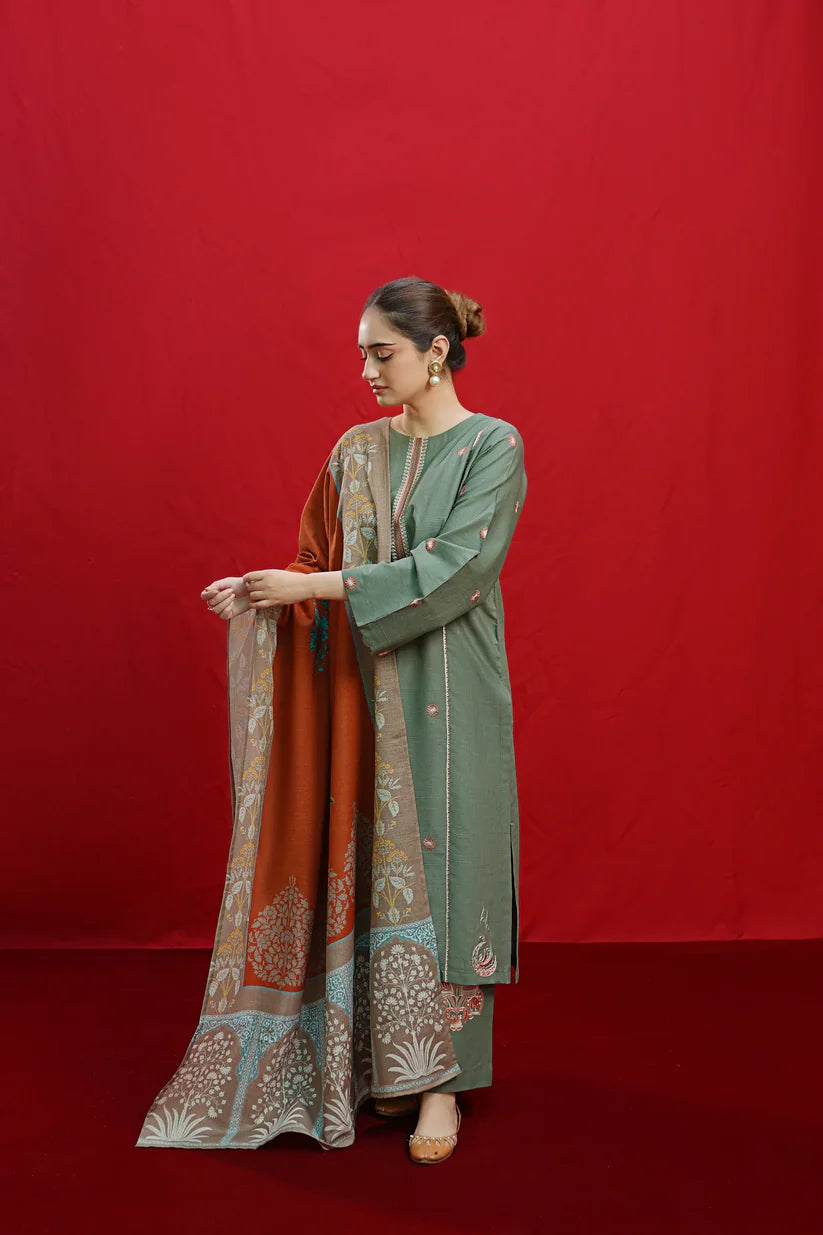 RARE-3PC DHANAK EMBROIDERED SHIRT WITH COUTURE PRINTED SHAWL & EMB TROUSER-3360