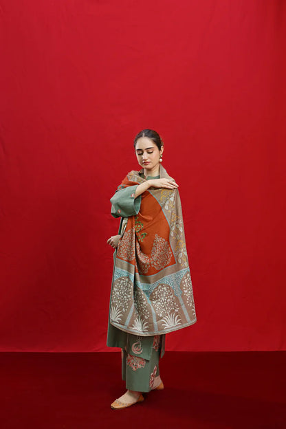 RARE-3PC DHANAK EMBROIDERED SHIRT WITH COUTURE PRINTED SHAWL & EMB TROUSER-3360