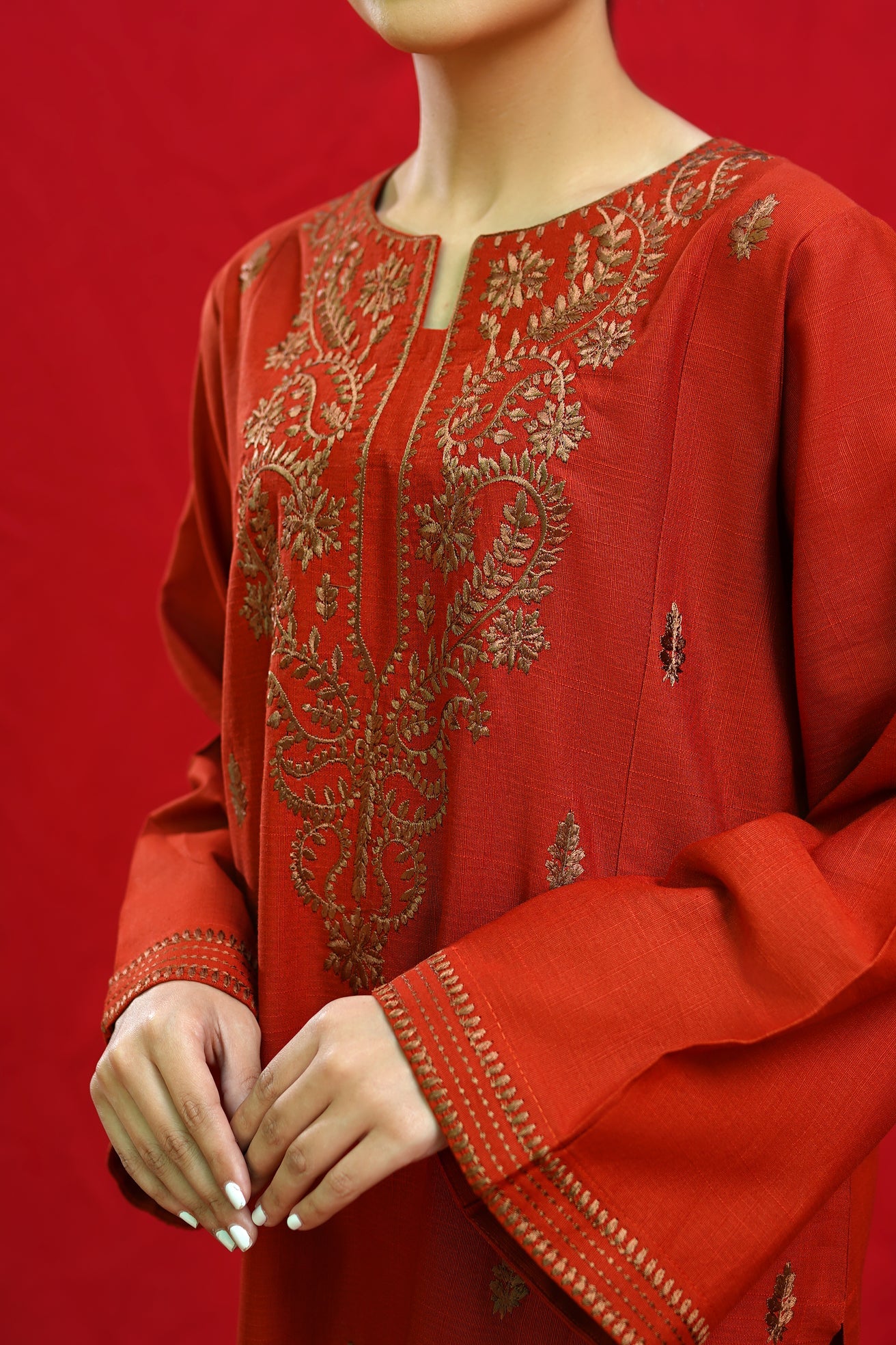 RARE-3PC DHANAK EMBROIDERED SHIRT WITH COUTURE PRINTED SHAWL & EMB TROUSER-3354