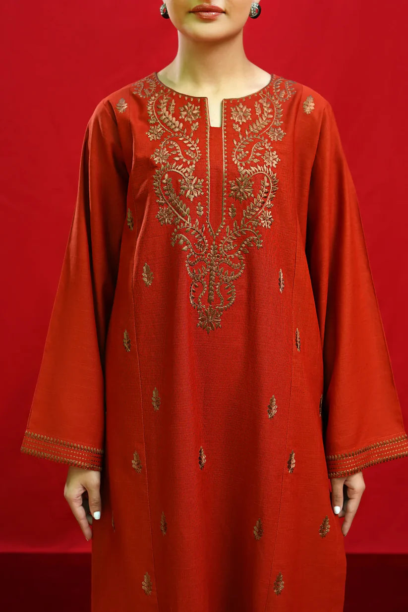 RARE-3PC DHANAK EMBROIDERED SHIRT WITH COUTURE PRINTED SHAWL & EMB TROUSER-3354