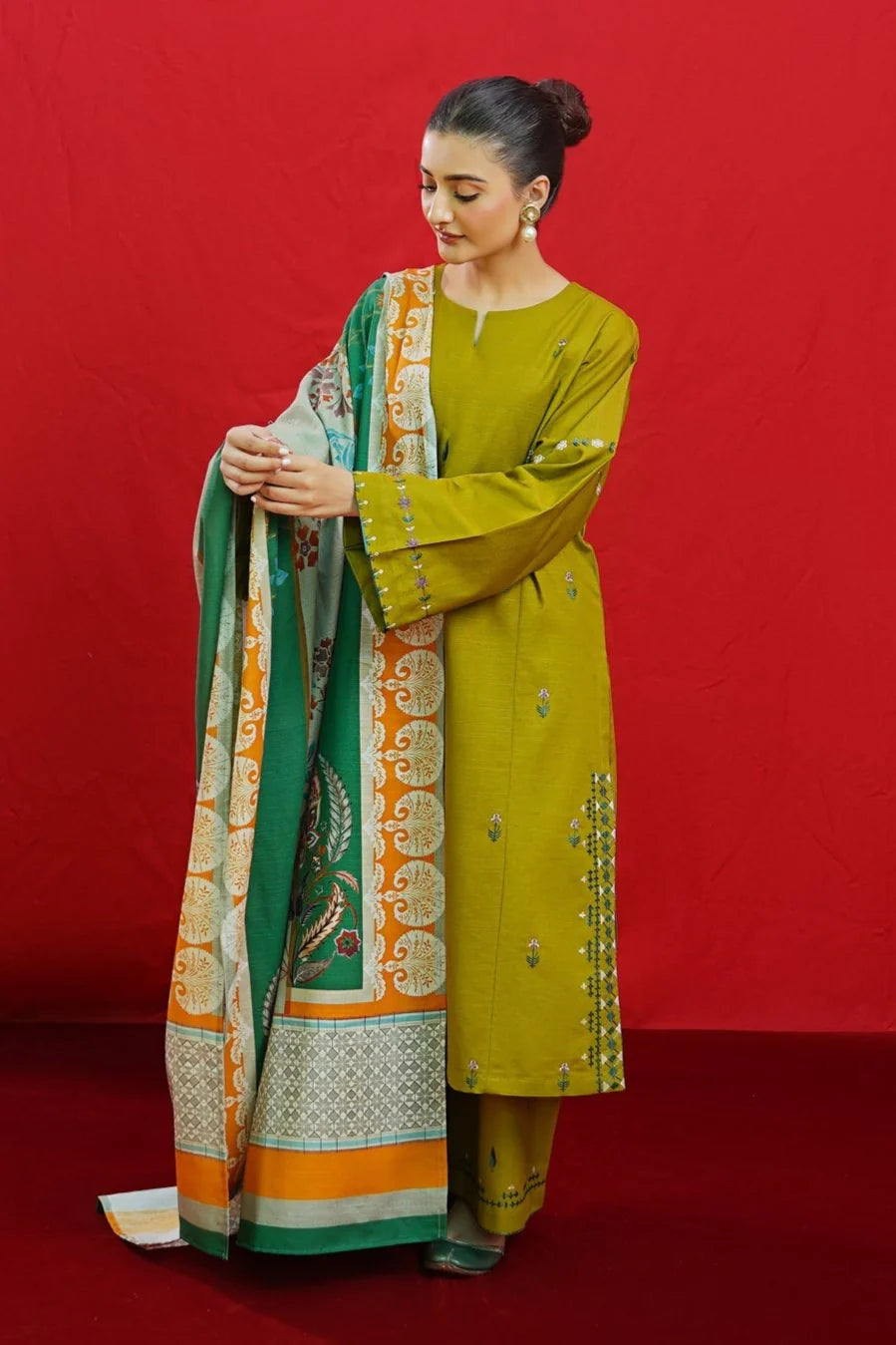 RARE- 3PC DHANAK EMBROIDERED SHIRT WITH TWILL PRINTED SHAWL & EMB TROUSER-3365